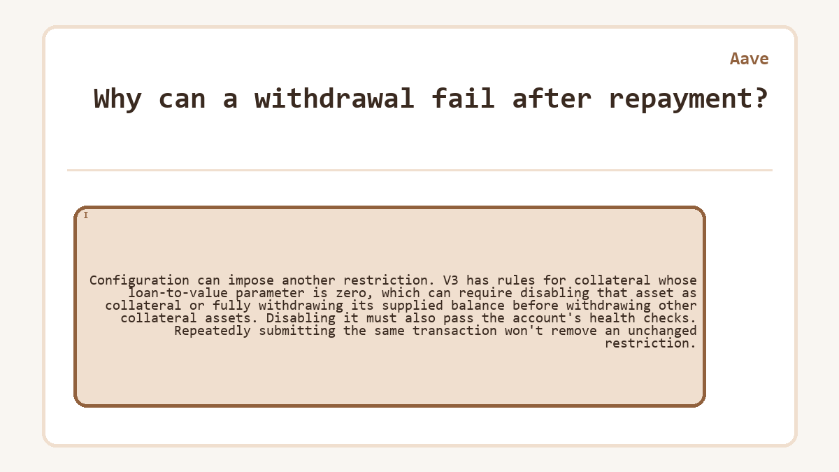 Why can a withdrawal fail after repayment?: Configuration can impose another restriction. V3 has rules for collateral whose loan-to-value parameter is zero, which can require disabling that asset as collateral or fully withdrawing its supplied balance before withdrawing other collateral assets. Disabling it must also pass the account's health checks. Repeatedly submitting the same transaction won't remove an unchanged restriction.